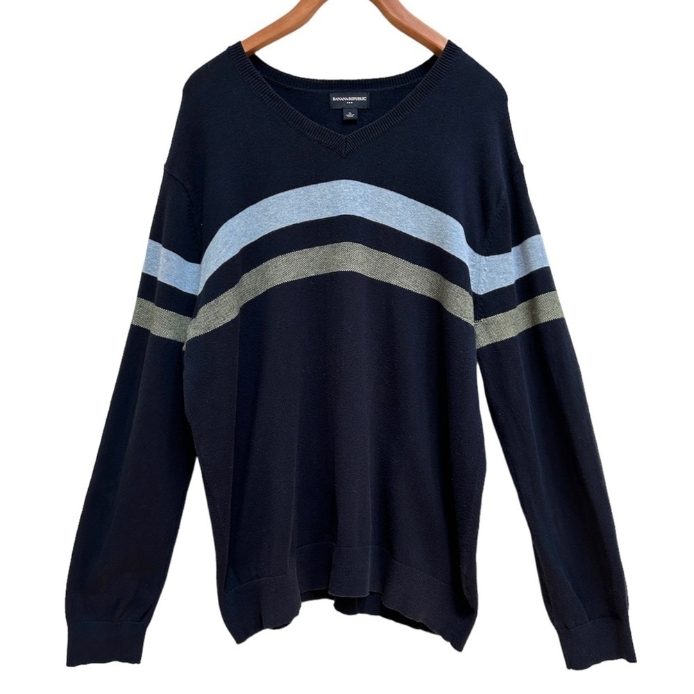 Banana Republic Men’s Cotton Striped Pullover Navy V Neck Sweater, Size XL